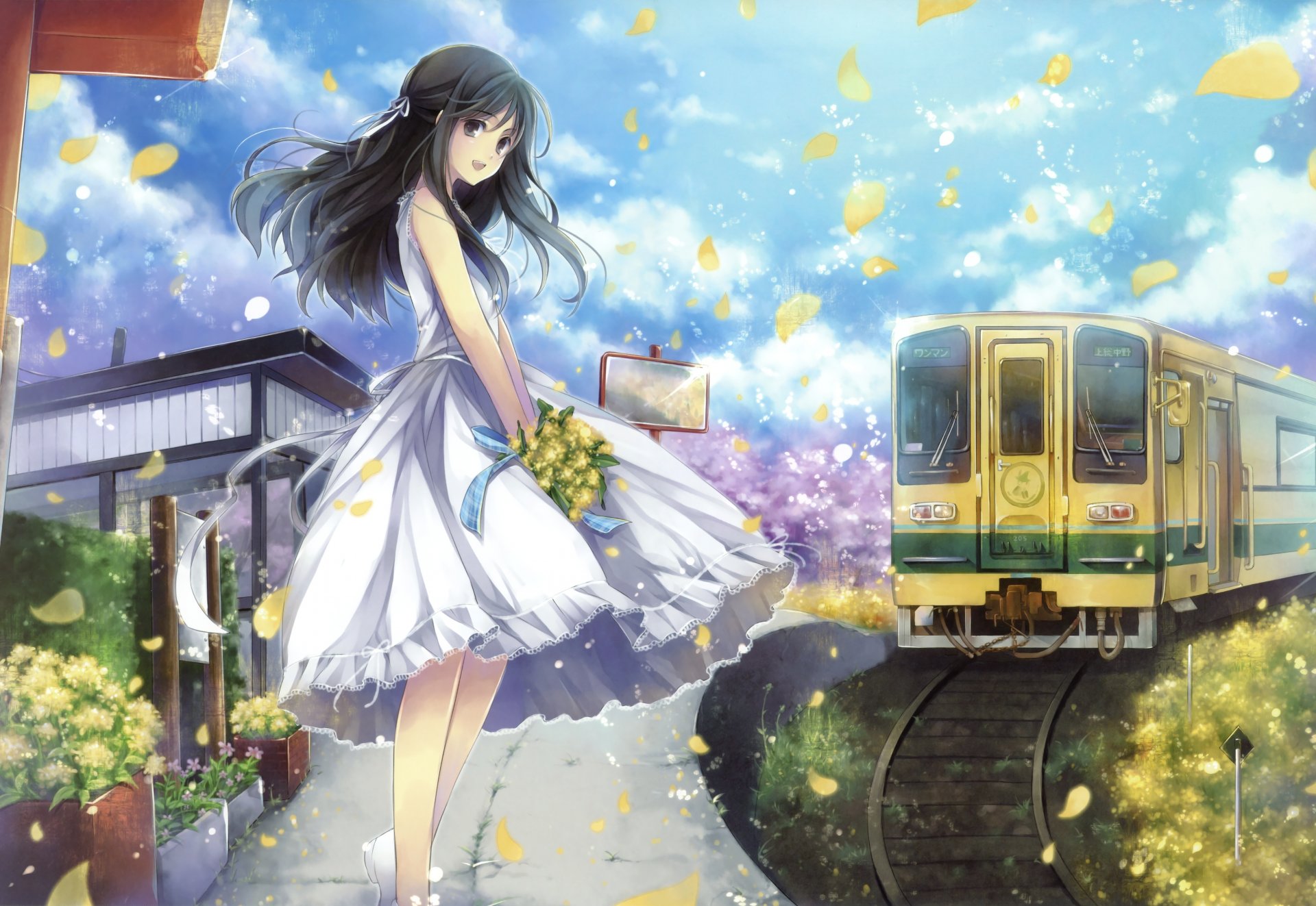 anime arte chica pelo largo tren ramo flores pétalos vestido hagiwara rin alegría sonrisa