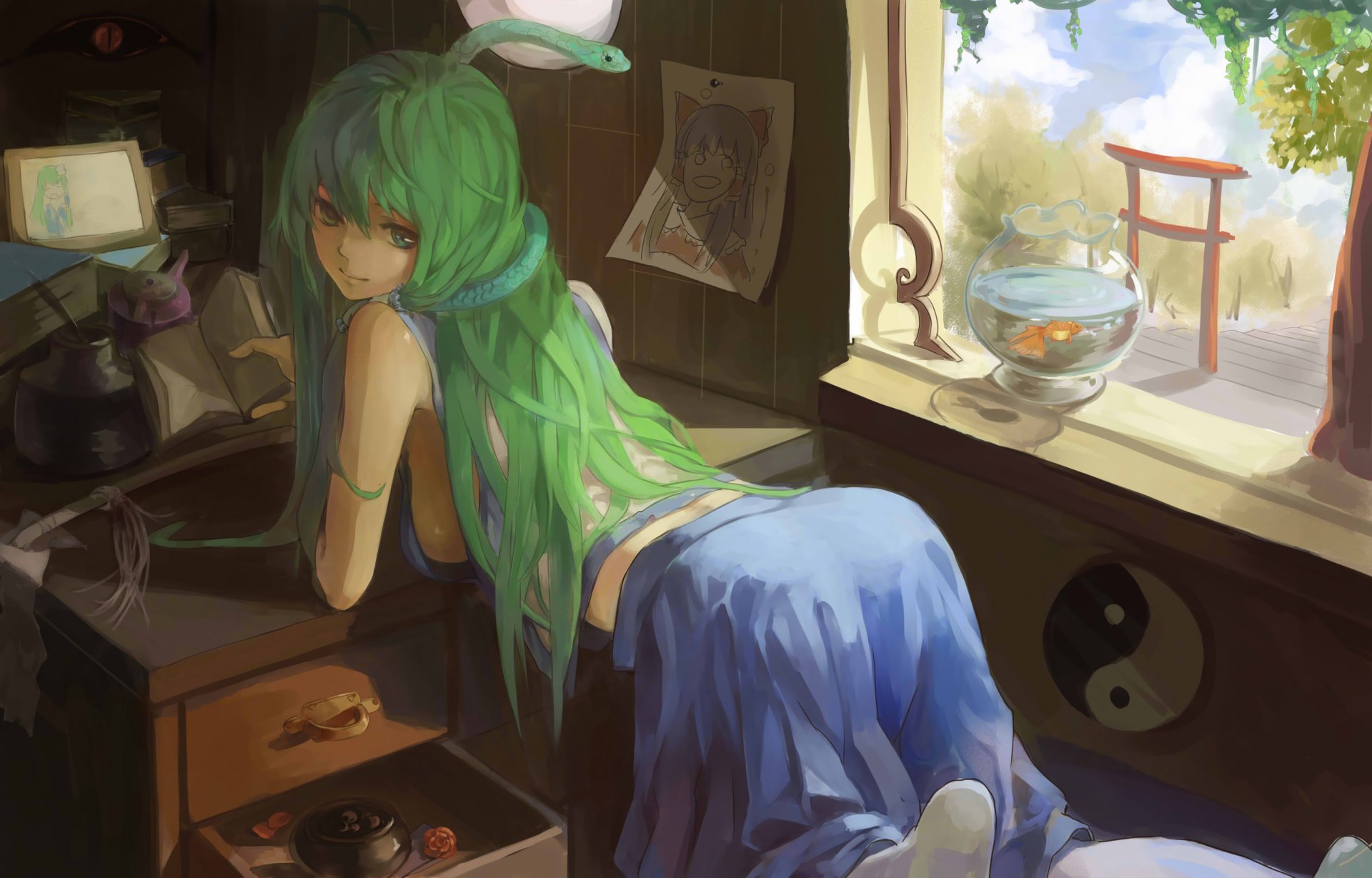 kochiya sanae touhou chica habitación ventana serpiente serpiente acuario peces peces