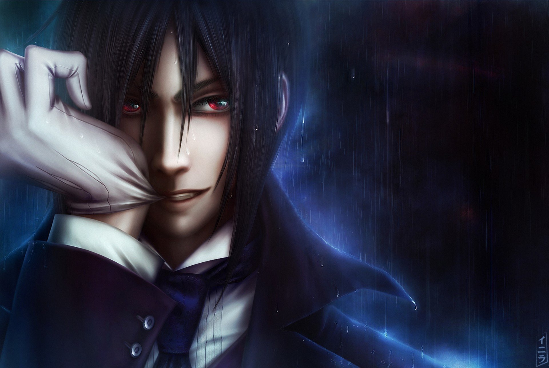 kunst inira kuroshitsuji dunkler butler sebastian michaelis dämon kerl handschuh rote augen regen