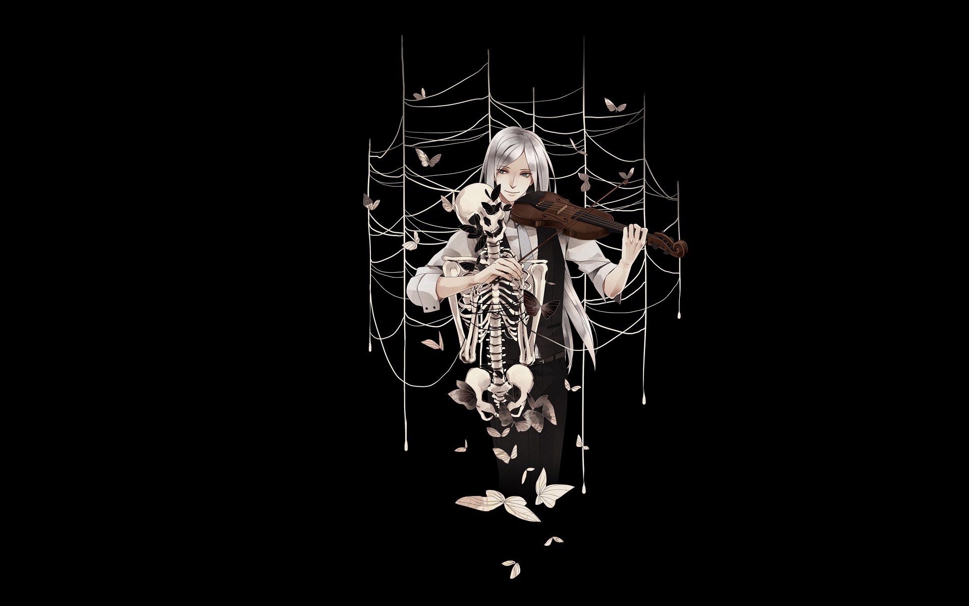 guy violin butterfly web skeleton black background