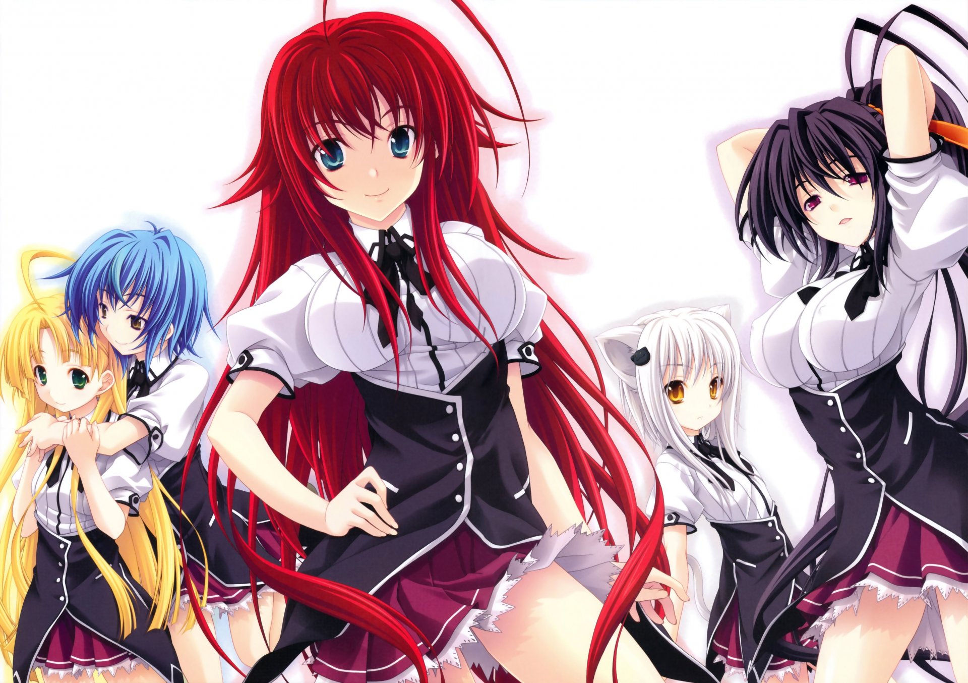 anime lycée dxd démons du lycée démonesses asie argento himejima akeno rias gremory toujou koneko zenovia oreilles queue uniforme scolaire regard sourire