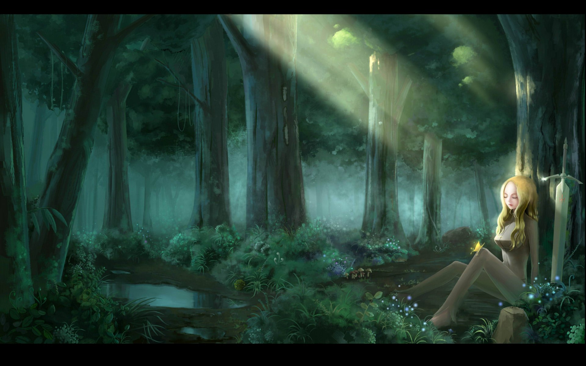 art claymore teresa girl anime nature sword tree forest light butterfly water flower