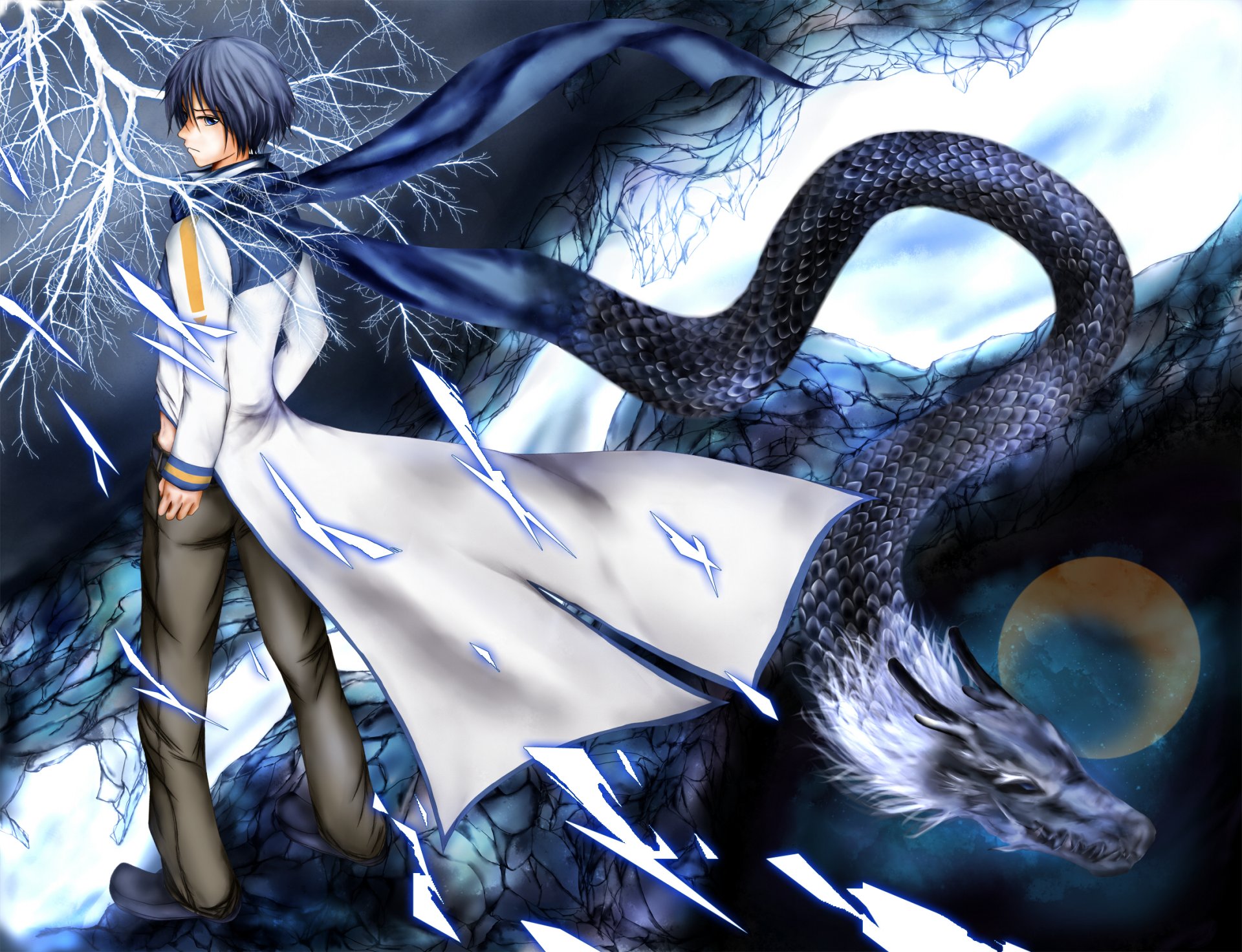 kunst vocaloid vocaloid kaito kerl drache himmel sterne mond zweige