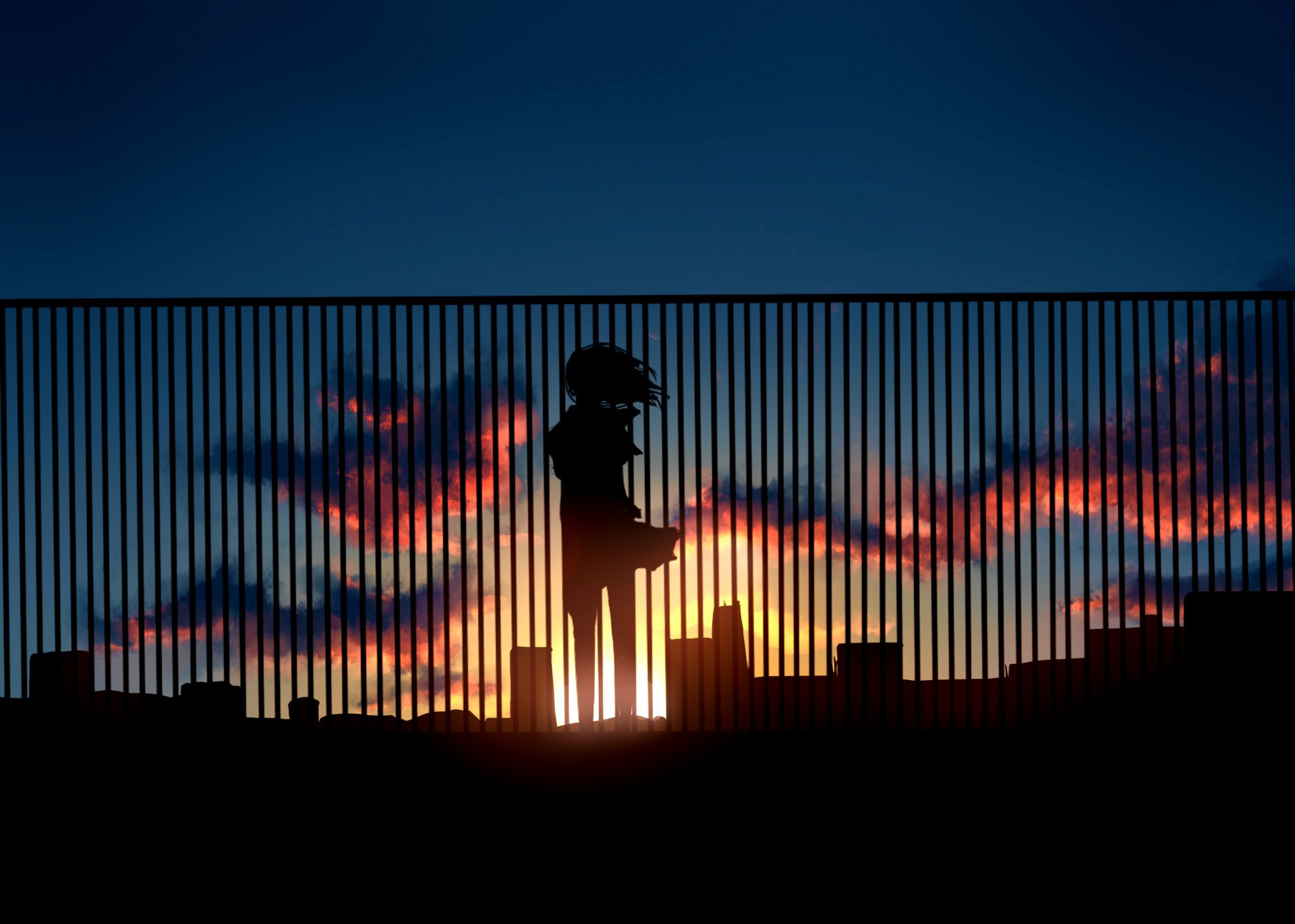 art kibunya 39 coucher du soleil ciel nuages fille silhouette soleil clôture maisons anime