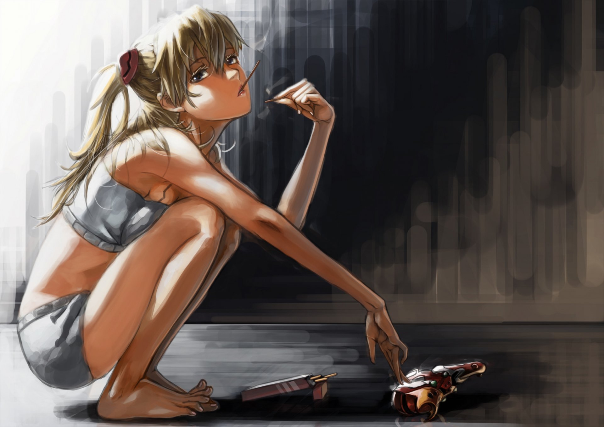 art l.c neon genesis evangelion soryu asuka langley eva 02 girl sticks sweet cookies skirt sitting