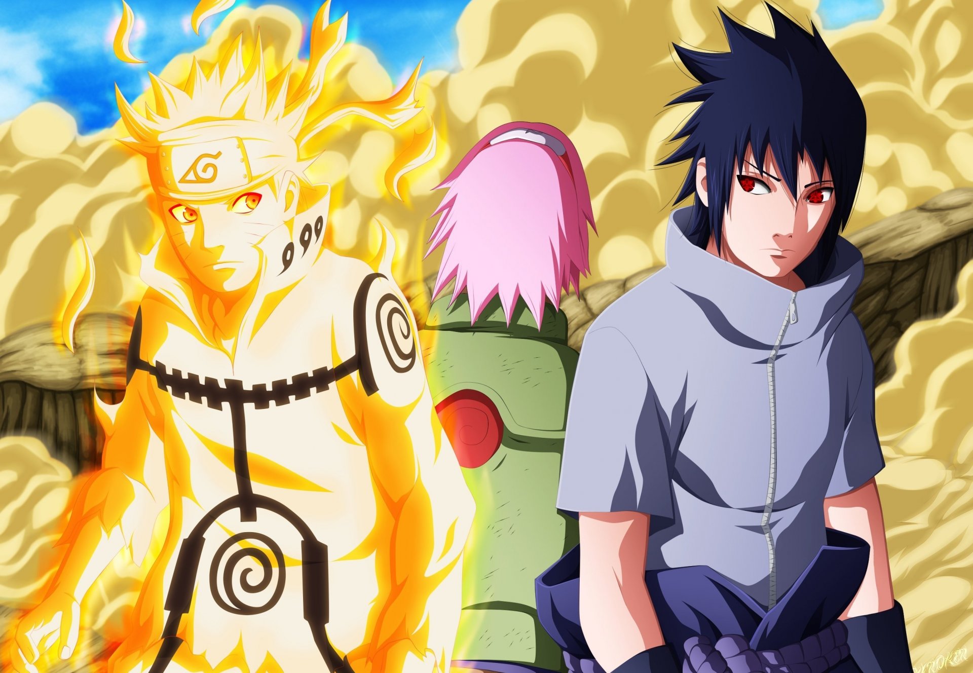 naruto uzumaki naruto sasuke haruno sakura 4 guerre ninja mode kyubi mangeke sharingan gilet temps 7 manga 633 logo konohagakure no sato hitayate sharingan ninja 4 guerre shinobi mode kurama mode chakra sakura haruno