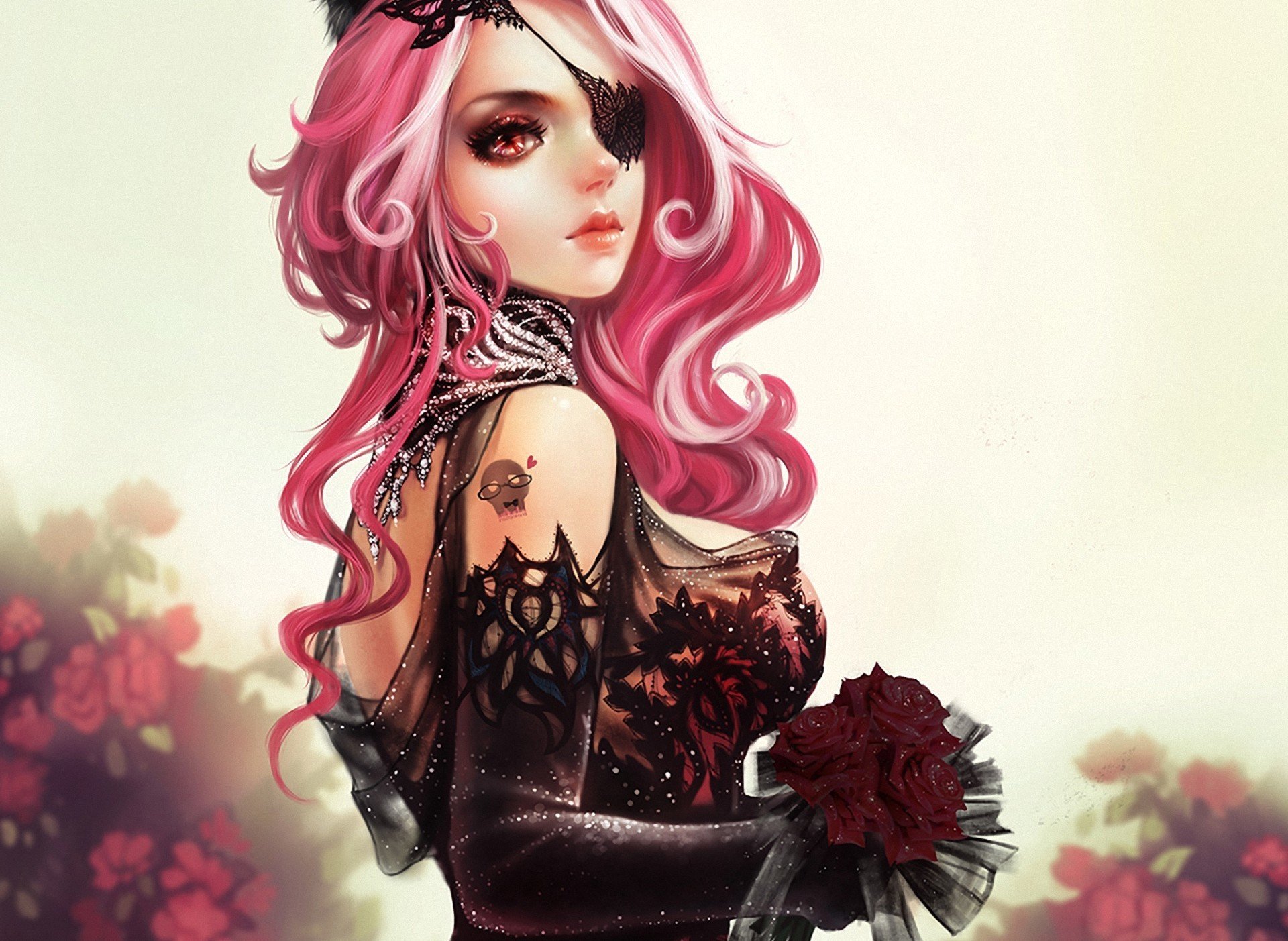 art girl pink hair bouquet flower bandage lace