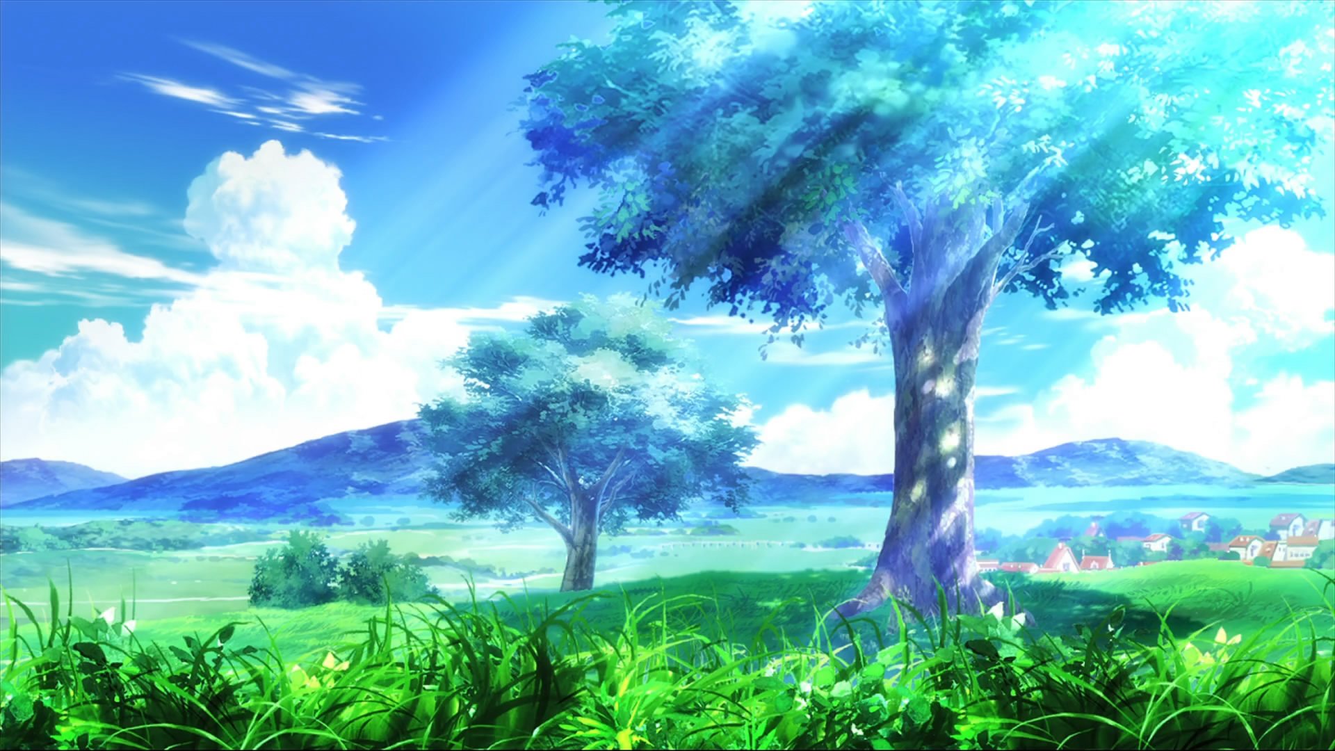 anime tree grass sky clouds town landscape mountain