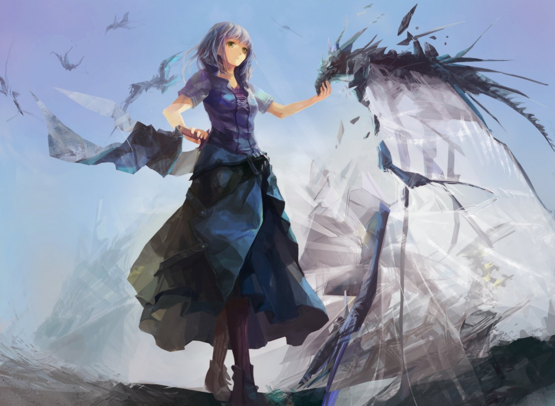 arte jinying pixiv fantasia ragazza drago arma bastone