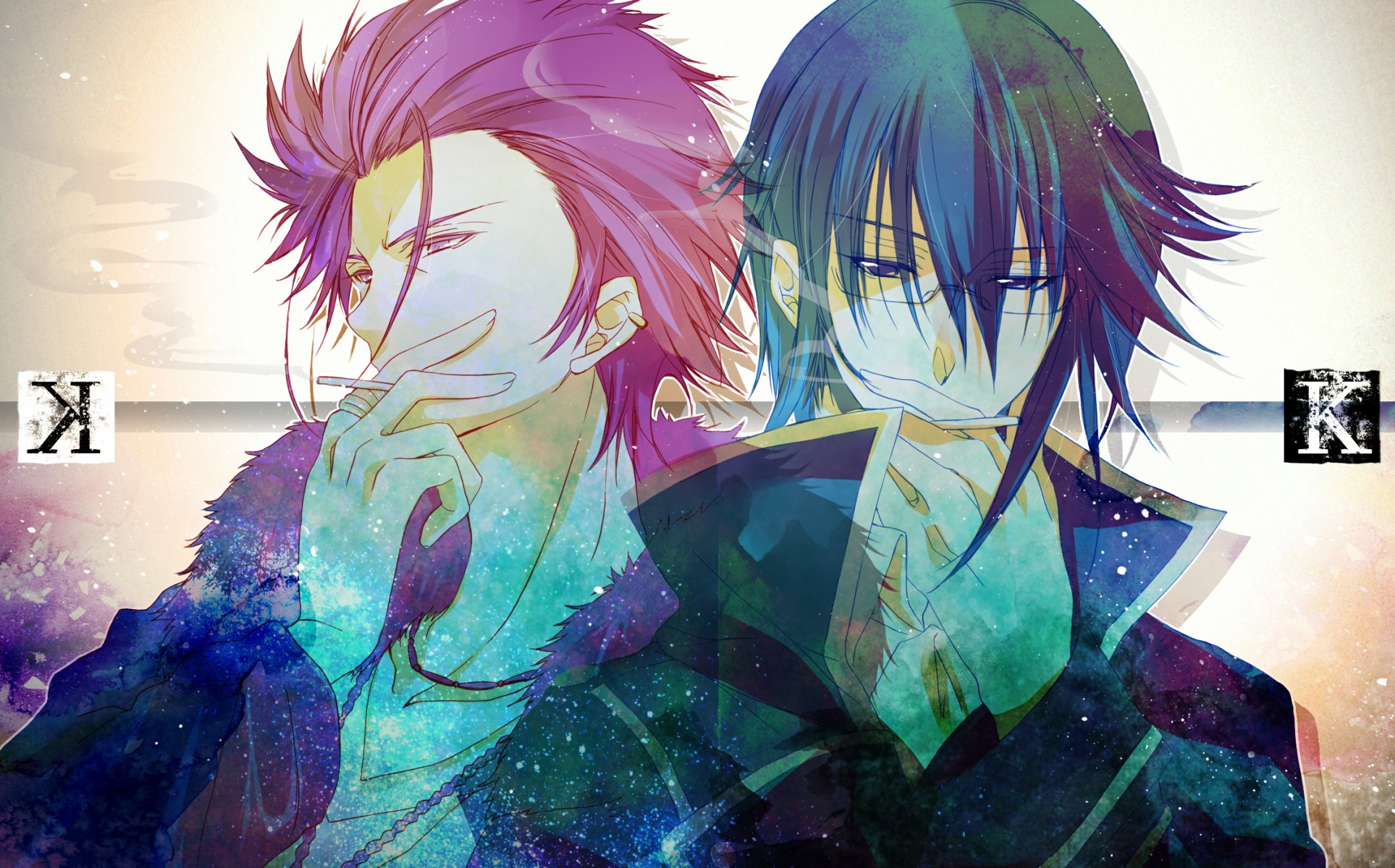 k progetto suoh mikoto munakata reishi re rosso re blu ragazzi sigarette testo