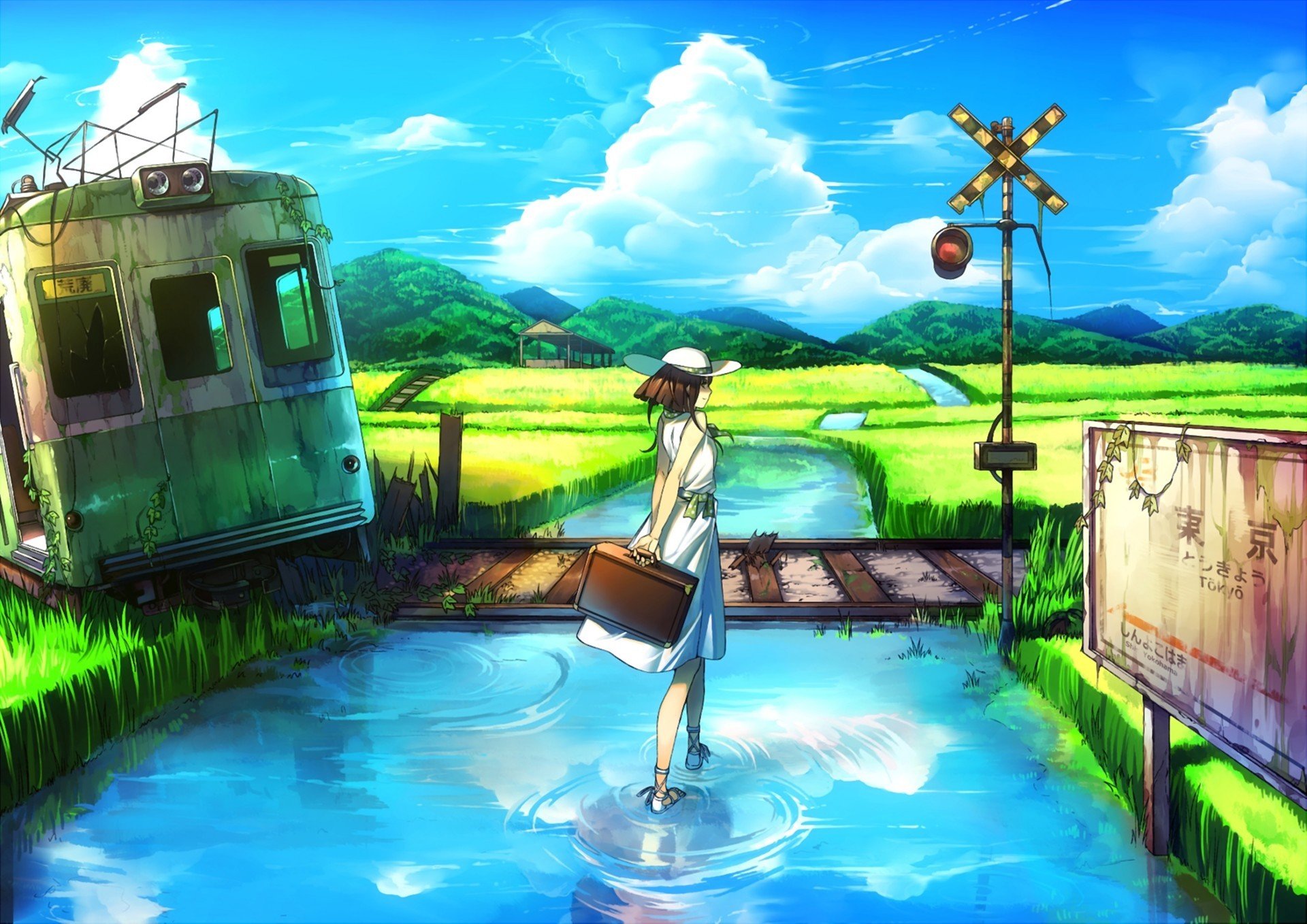 art landscape girl car water ruins abandonment river hat bag baggage plate index railroad