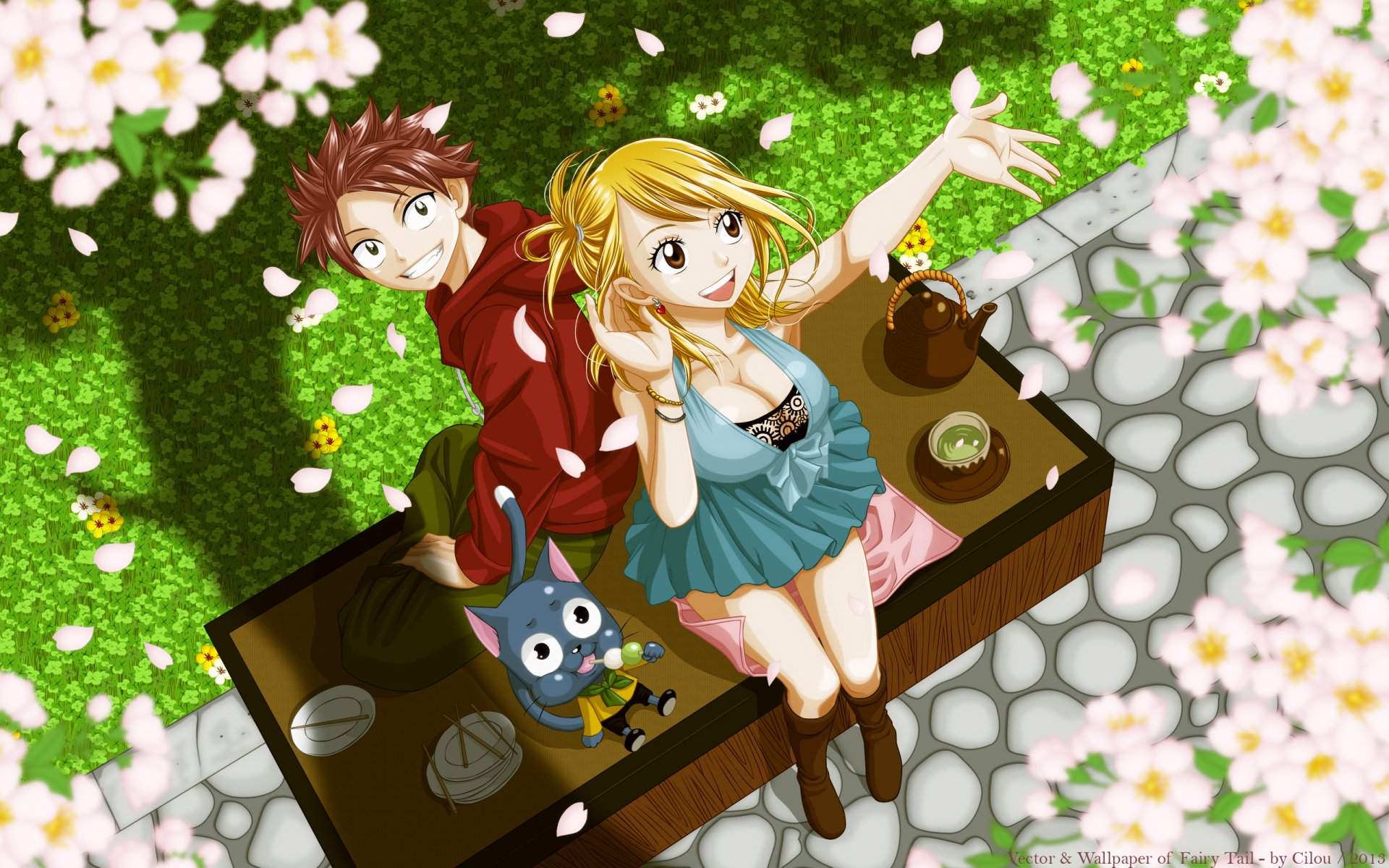 cuento de hadas feliz lucy heartfilia natsu dragneel chico chica fiesta del té primavera floración