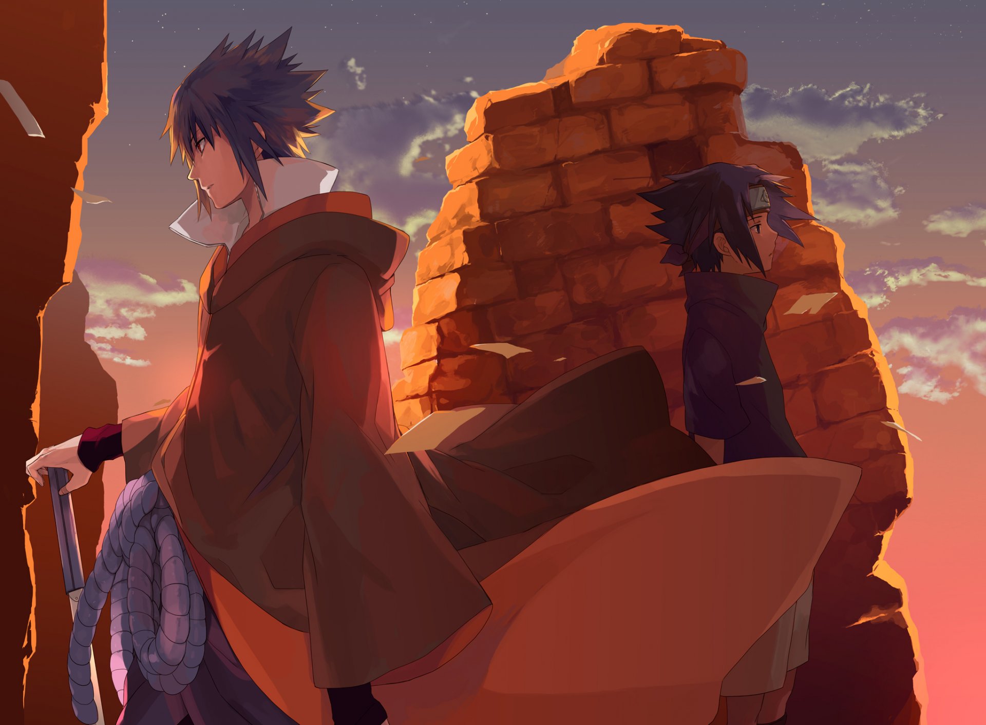 kunst tosyoen anime naruto sasuke kerl junge himmel wolken schwert waffe seil