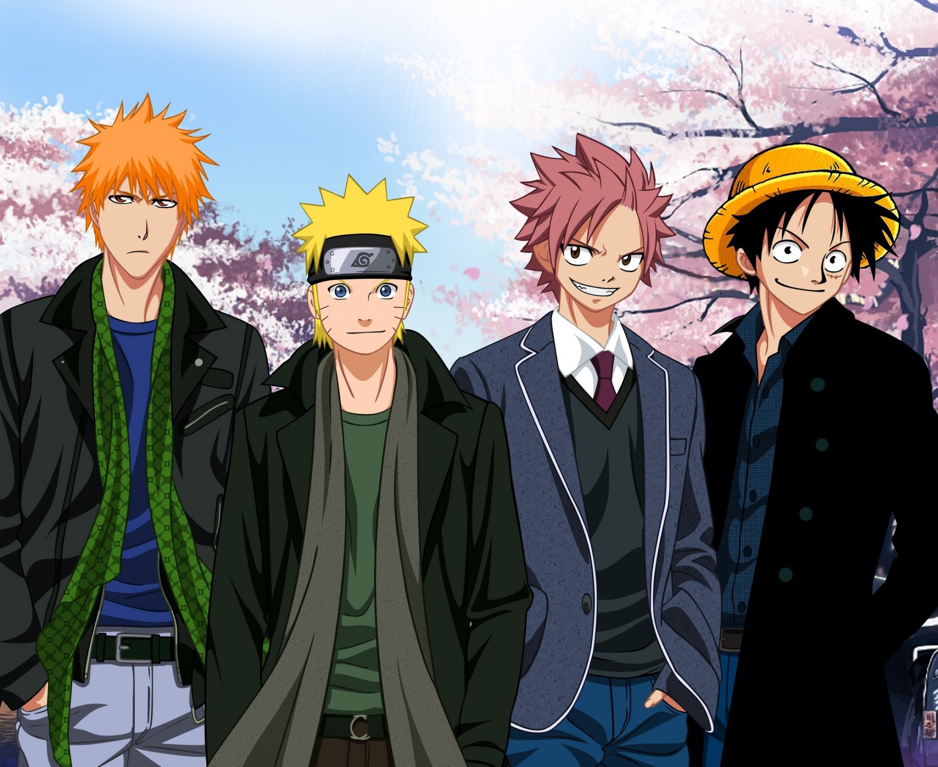 ichigo kurosaki naruto uzumaki natsu natsu dragneel luffy crossover ichigo kurosaki uzumaki naruto singe d. luffy eau de javel conte de fées une seule pièce shinigami remplacement de shinigami visage creux ninja maho mage pirate paille hitayate