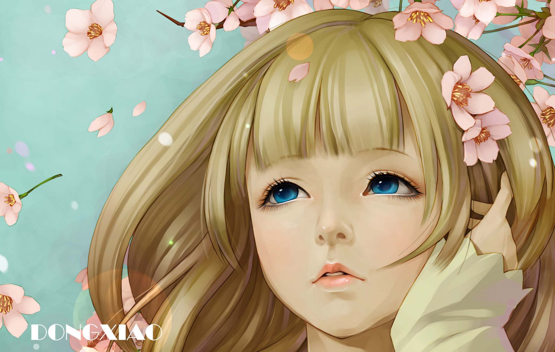 arte dong xiao ragazza fiori sakura occhi blu viso petali