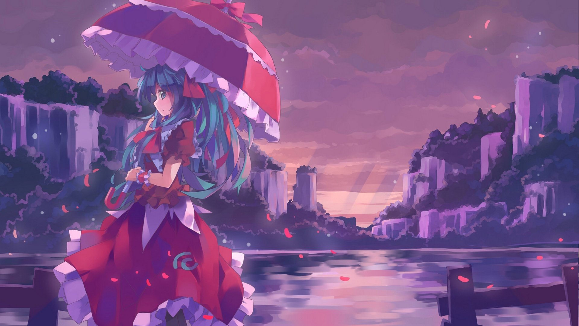 touhou kagiyama hina dziewczyna parasol sukienka woda uśmiech płatki