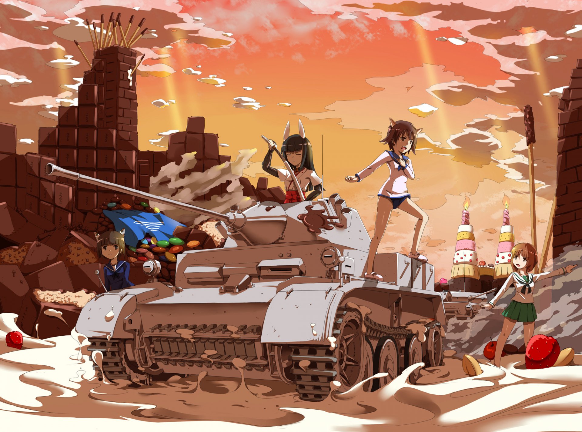 arte sirills anime chicas y tanques chicas und tanque bruja huelga brujas de asalto anabuki tomoko miyafuji yoshika nishizumi miho sakomizu haruka chicas tanque dulces chocolate fósforos fresa colegialas puesta de sol cielo nubes katana armas