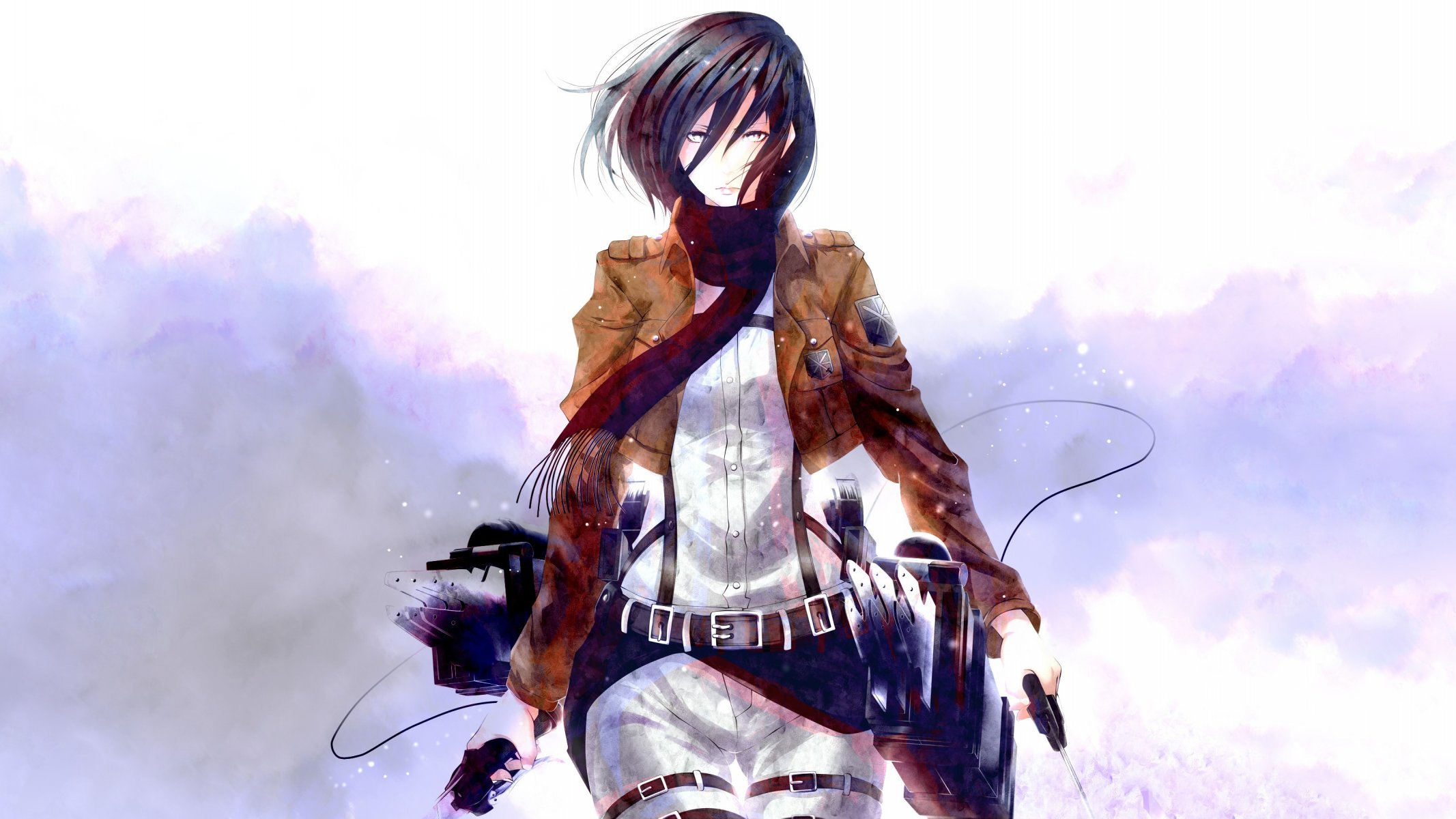 art poker-face-008 fille mikasa ackerman regard indifférence écharpe soldat arme lames cordes ceinture appareils fumée shingeki pas kyojin