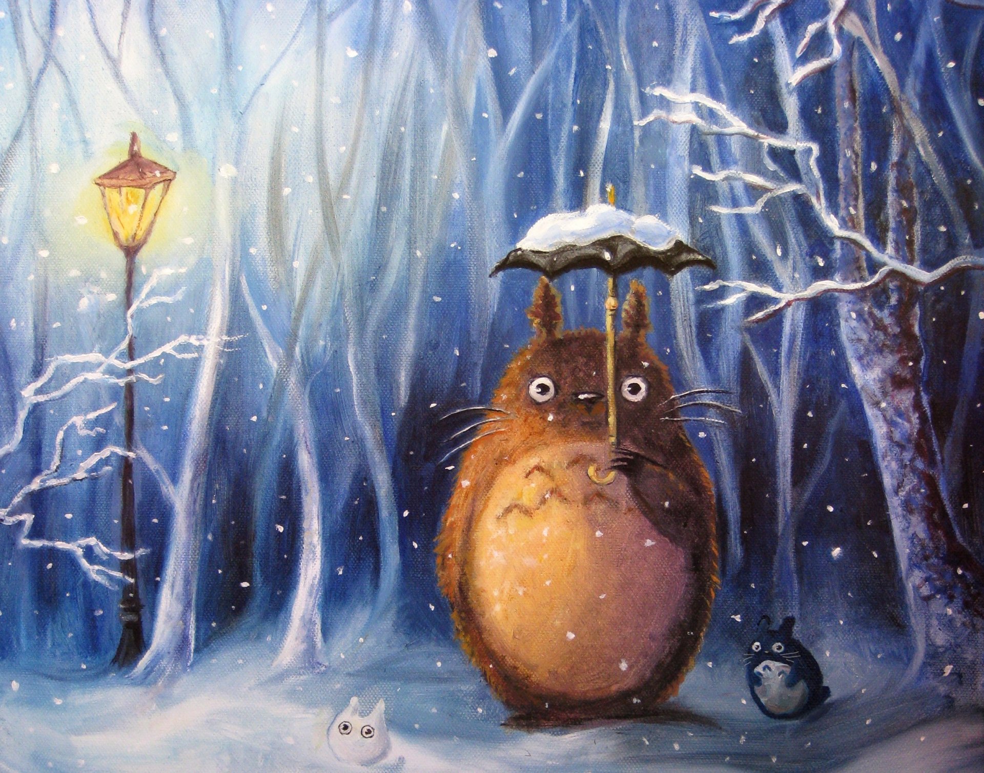 arte villasukka mi vecino totoro totoro chibi totoro anime invierno nieve paraguas linterna