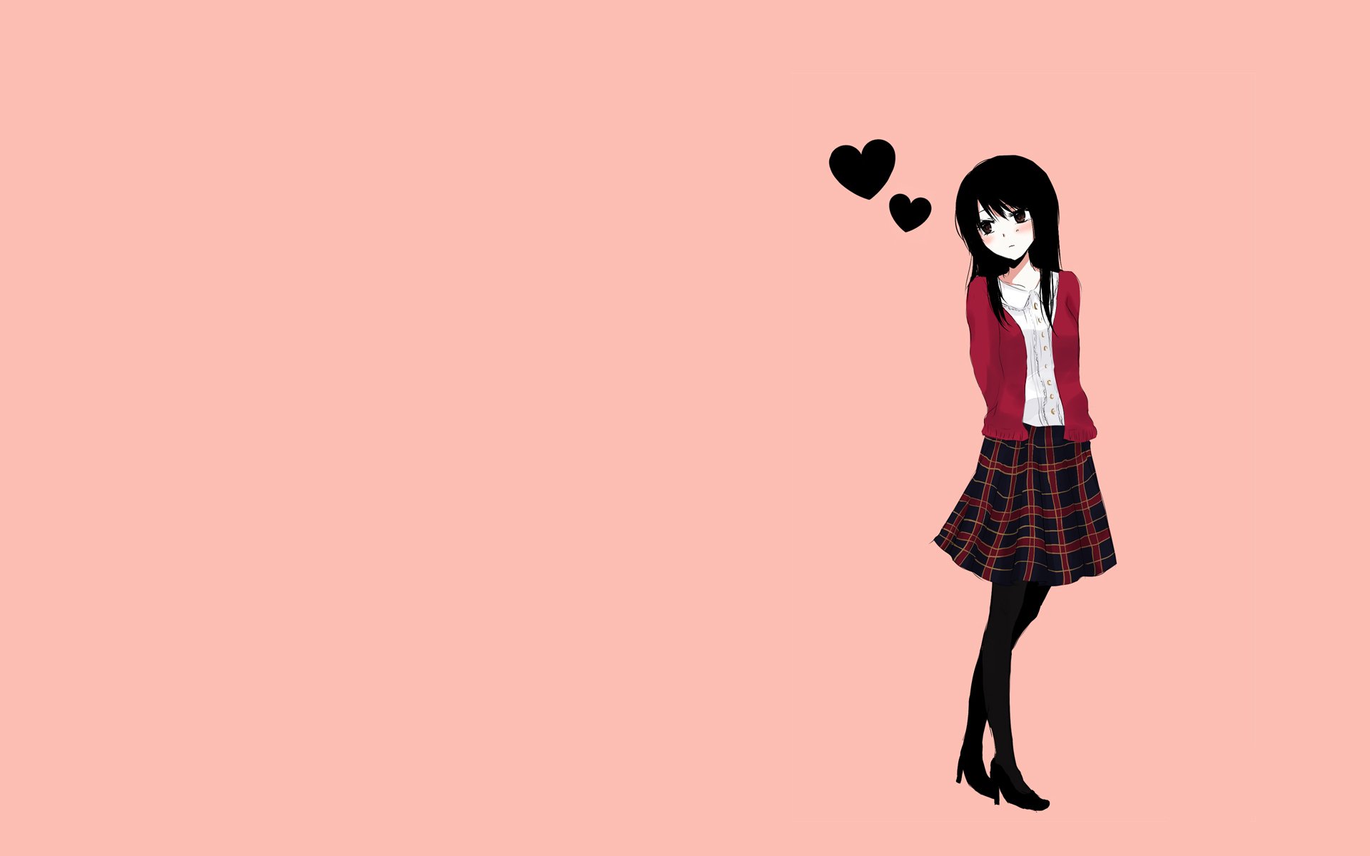 orange background girl is skirt love heart minimalism thought anime simple background turned black hair