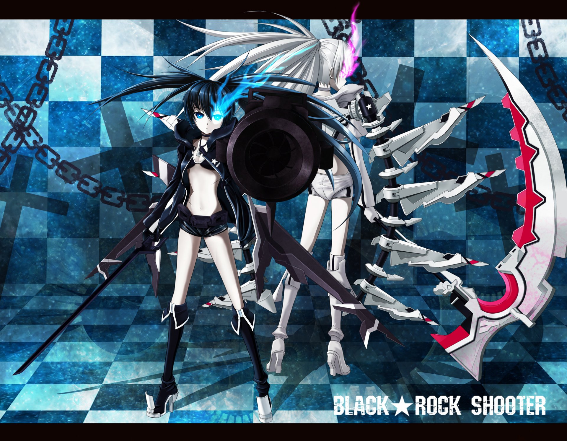 art shinebell black rock shooter white rock shooter anime black rock shooter dziewczyny broń mato kuroi warkocz miecz łańcuchy gwiazdka blizna