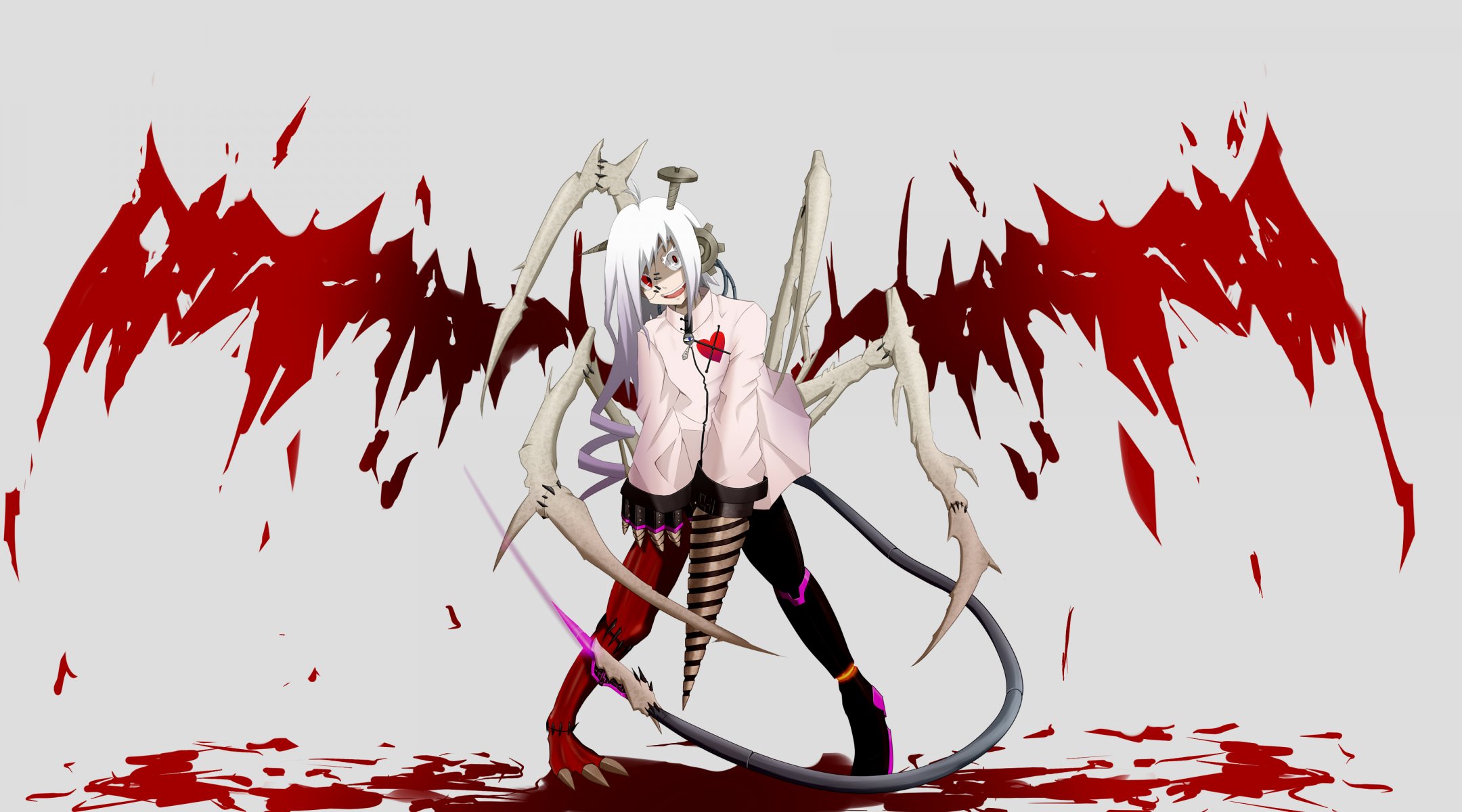 arte chica alas sangre huesos cicatrices hilos mecanismo anime