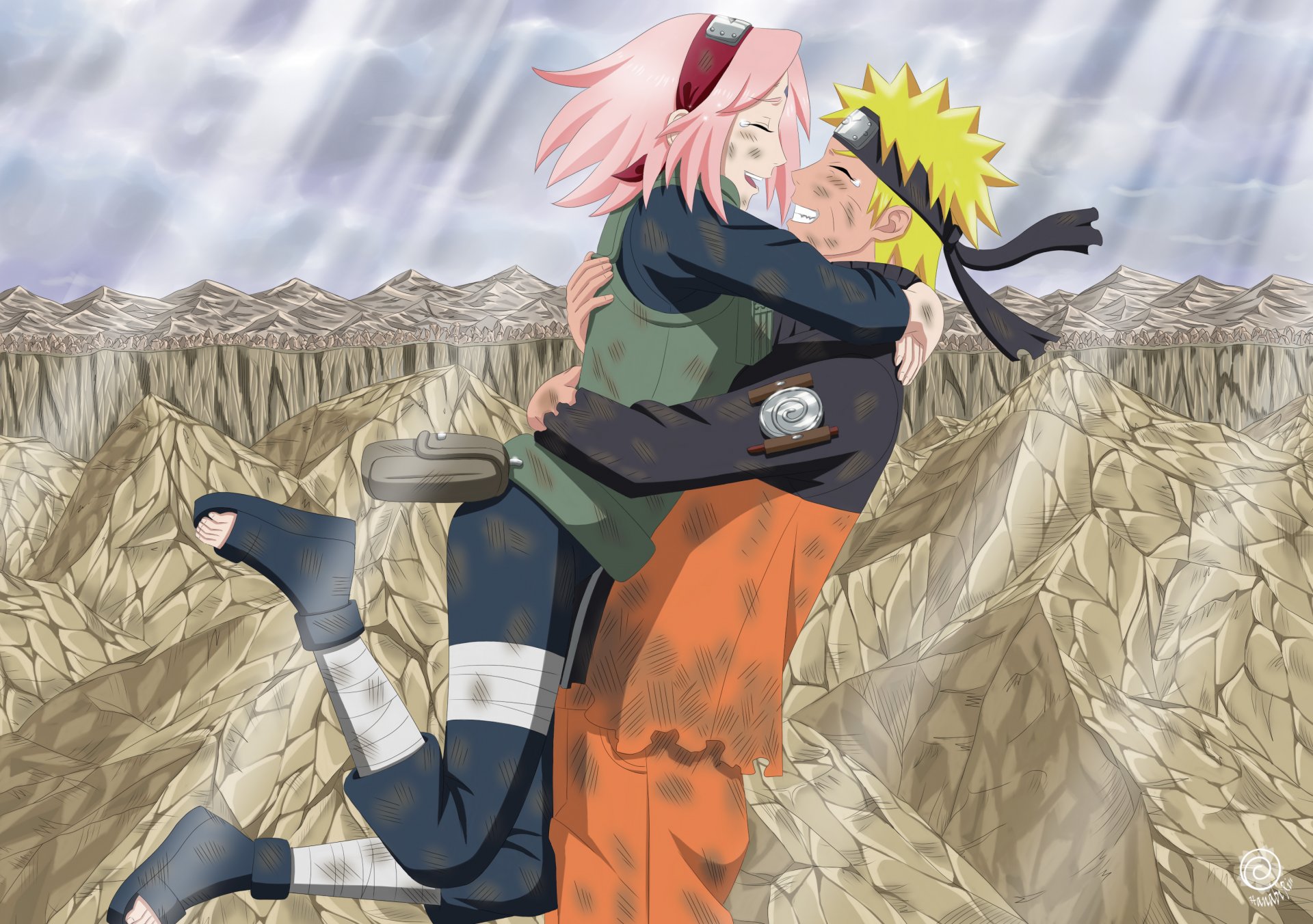 art hanabi-rin anime naruto uzumaki naruto haruno sakura garçon fille joie câlins deux lumière larmes ciel nuages montagnes