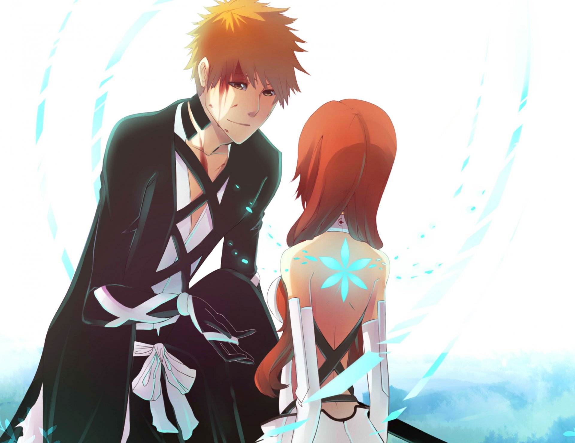 art persona92 bleach kurosaki ichigo inoue orihime anime girl guy flower hand katana