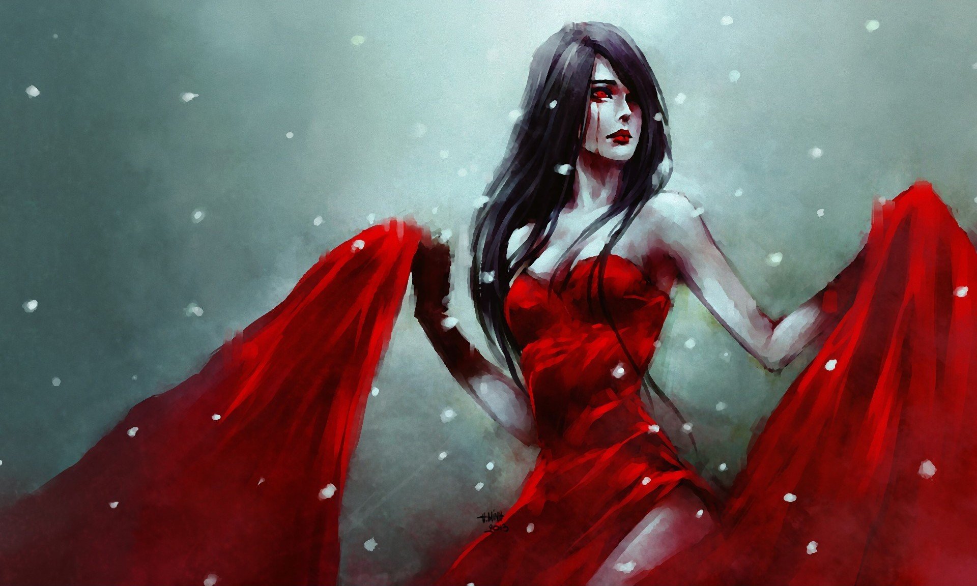 arte nanfe chica pasión sangre pétalos vestido rojo