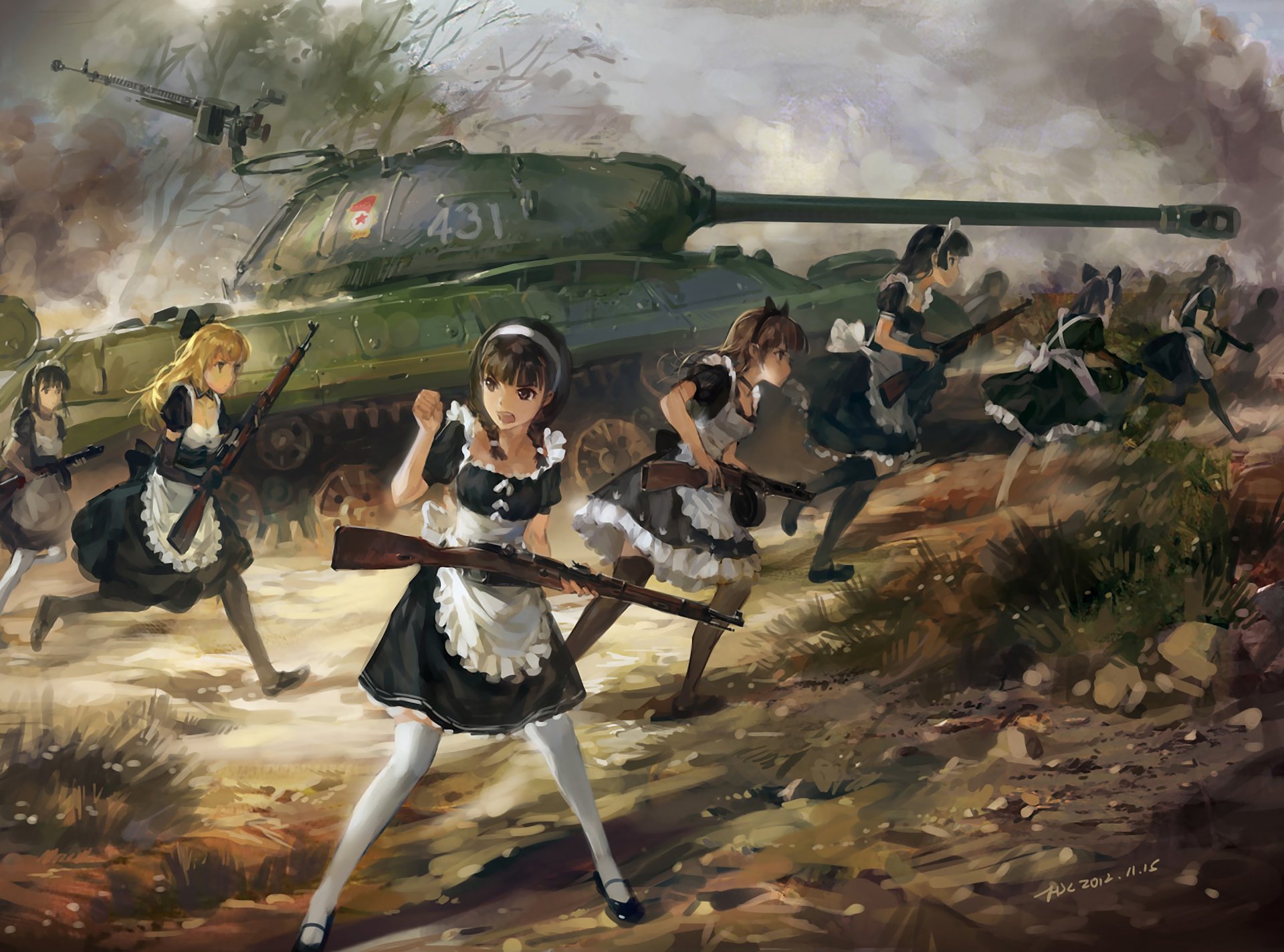 anime kunst weiblich hjl is-3-panzer ppsh-41-gewehr mosin-karabiner magd waffen gehobene