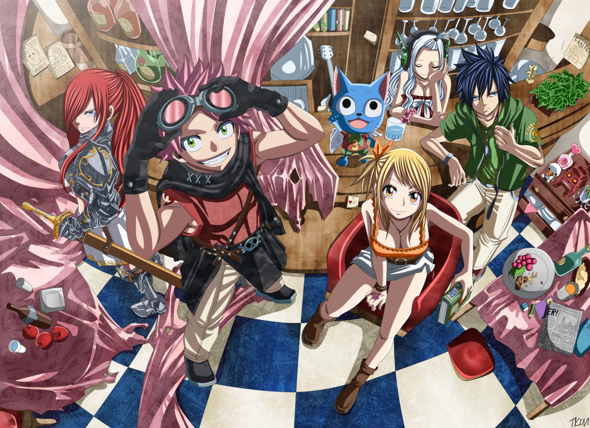 art futuretabs anime bajka lucy heartfilia erza scarlet natsu dragneel szary szczęśliwy mirajane strauss plue dziewczyny chłopcy kot okulary miecz broń słuchawki bar alkohol jedzenie fairy tail tale