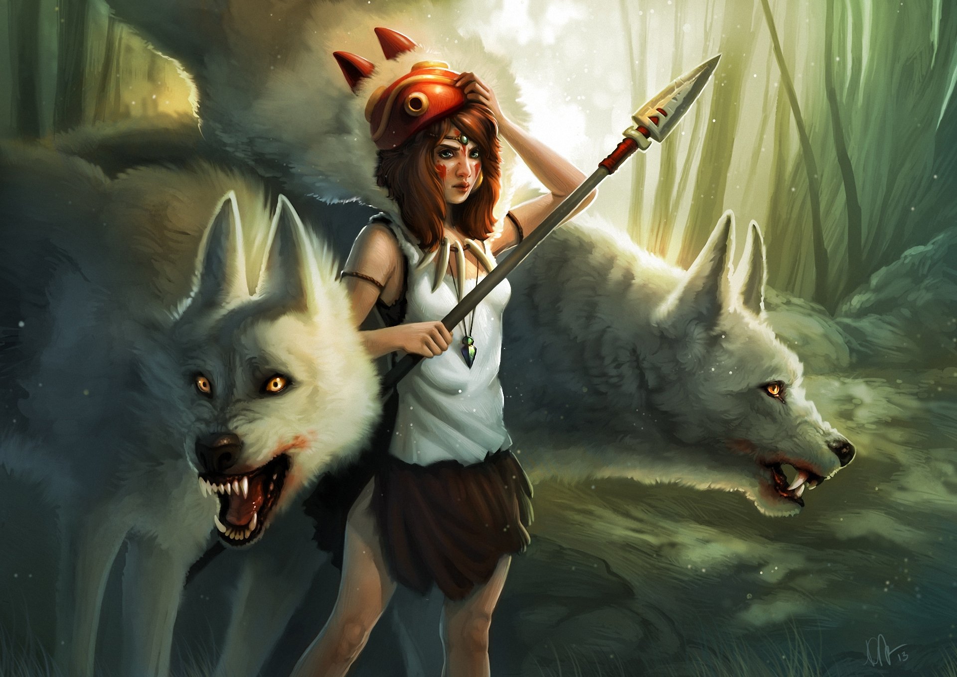 art kelly perry princess mononoke girl mask spear wolves pendant forest