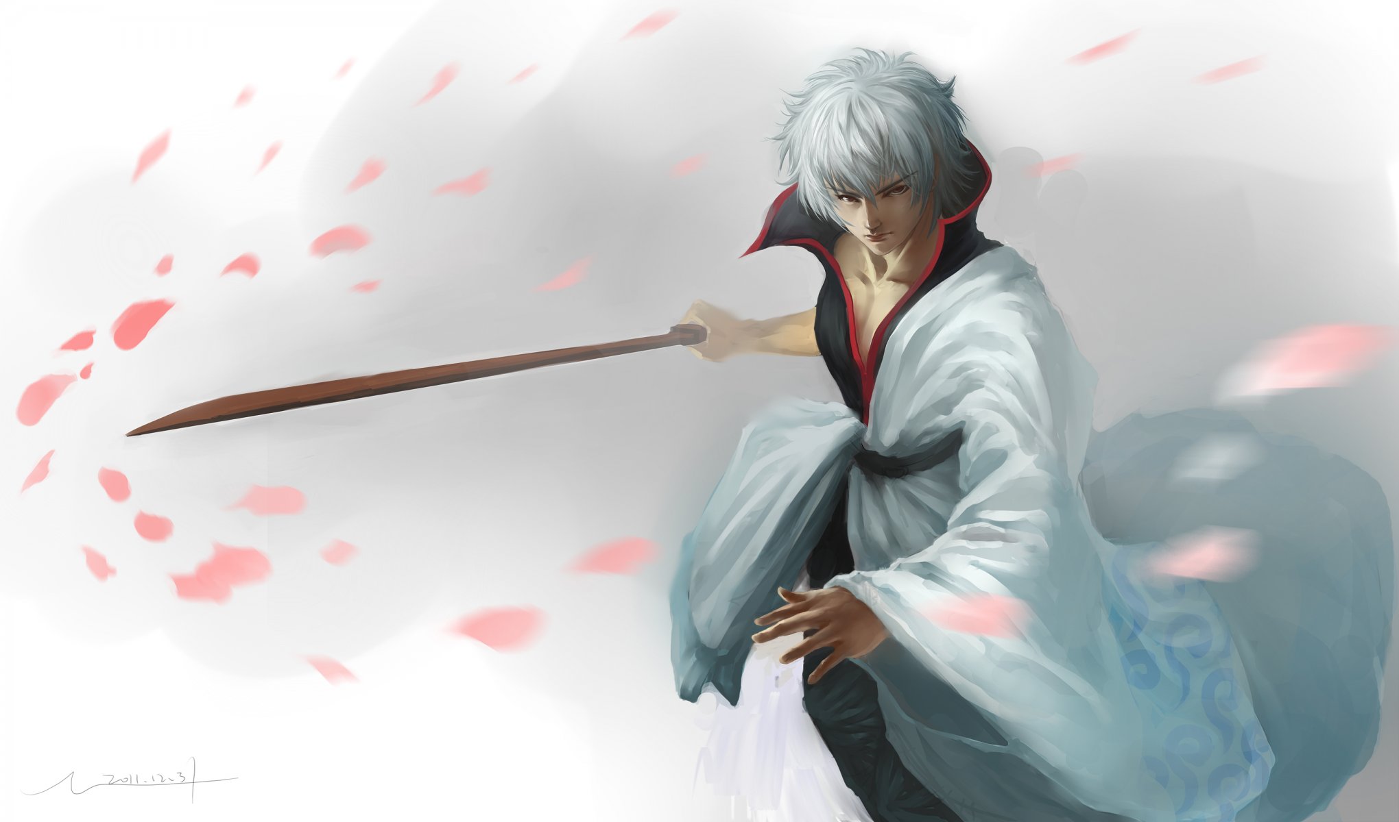 gintama sakata gintoki art hangleing guy katana épée pétales