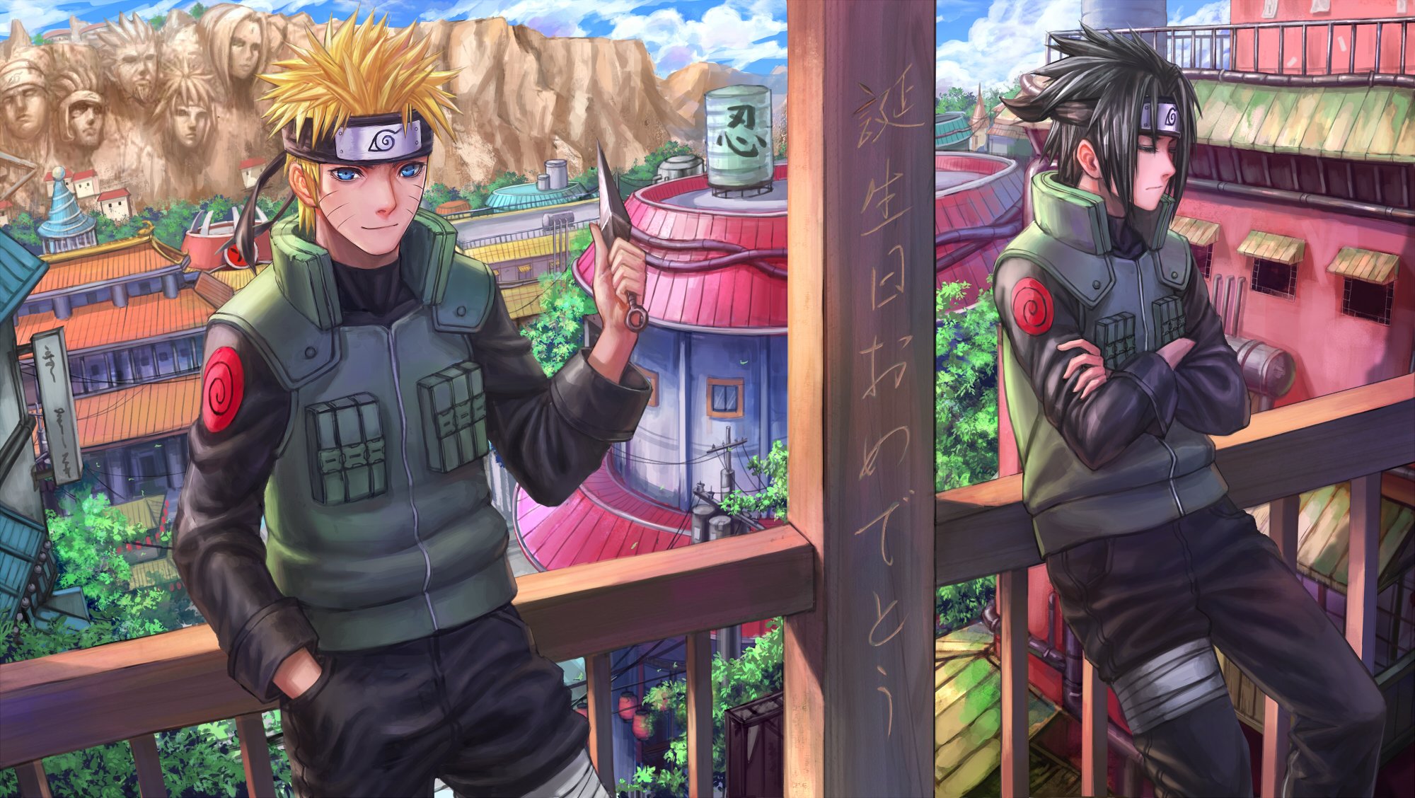 art zhouran naruto shippuden uchiha sasuke uzumaki naruto man town knife balcony rails characters rock face