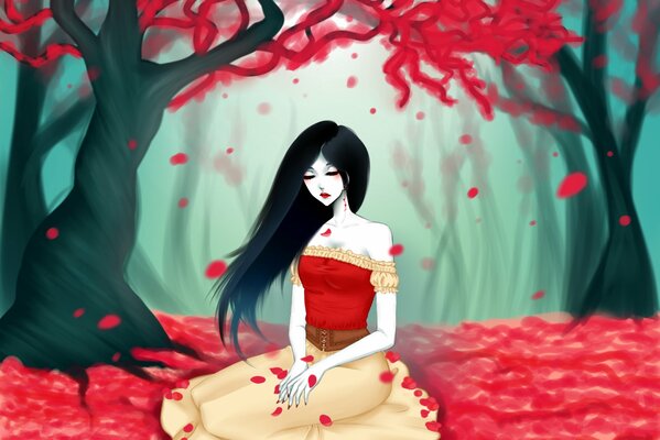 Girl Art in red leaves