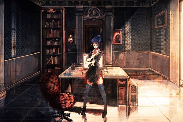 Девушка аниме в комнате с книгами