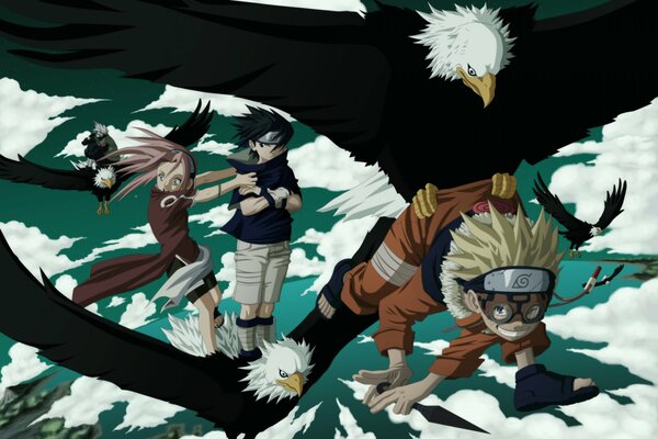 Anime. Naruto. Flying on eagles