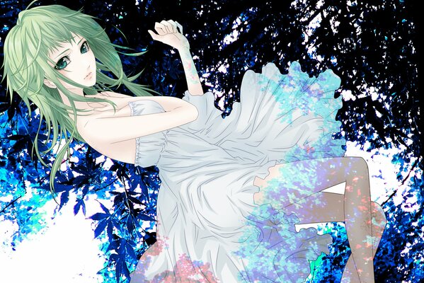 Anime girl in a white dress in greenery