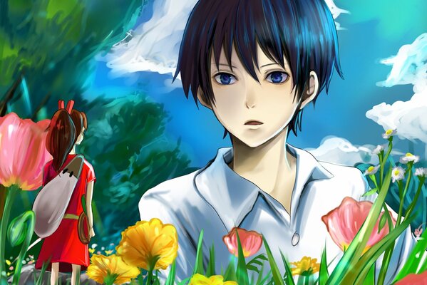 Anime, chica Midget y chico en flores, bajo un cielo despejado