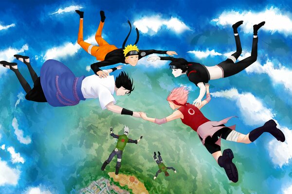 Anime art flying across the sky in the clouds