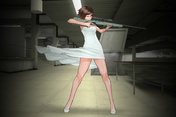 Sniper fille en robe blanche