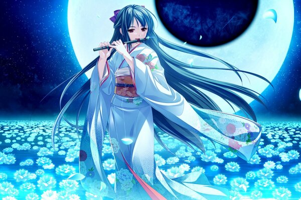 A girl in a kimono plays a flute on the background of the moon