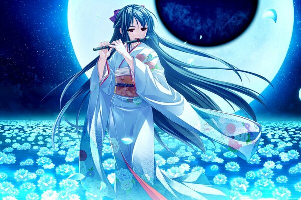 Chica en kimono toca la flauta EA fondo de la Luna