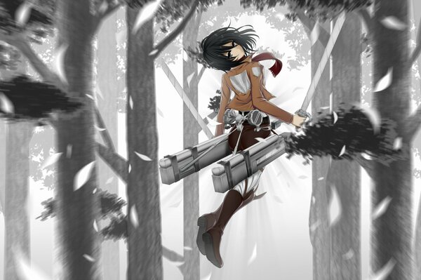 Anime girl avec une épée parmi les arbres