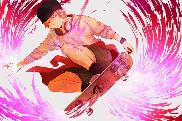 Anime, ragazzo su uno skateboard, con le cuffie