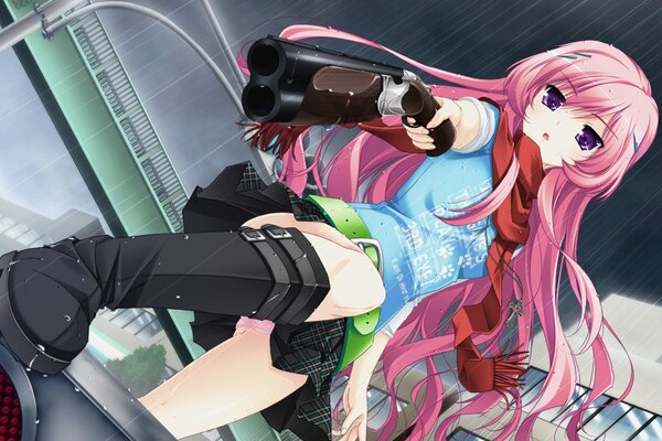 Аниме девушка с розовыми волосами и пистолетом