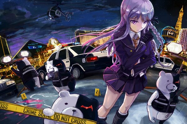 Anime drawing with a girl, a police car and bears