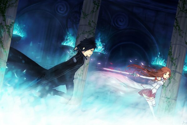 Yuki and Asuna fight with swords