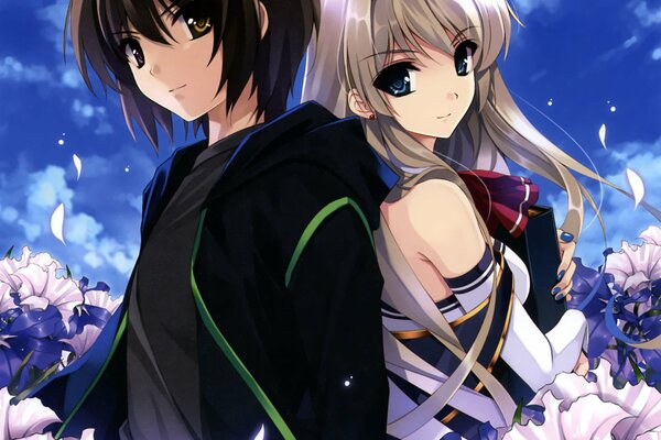 Anime, guy and girl, back to back, in colors under the night sky