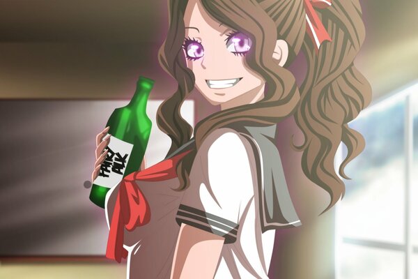 Anime fille avec une bouteille dans les mains